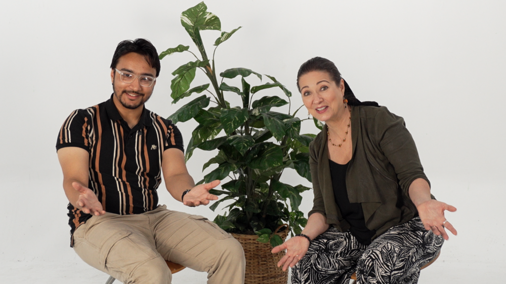 Two people sitting on chairs with a potted plant between them, both gesturing with open hands